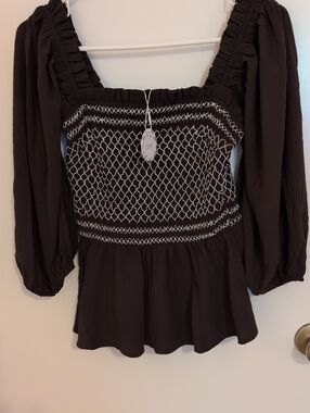 Smocked Peasant Blouse with Puff Sleeves - Brown